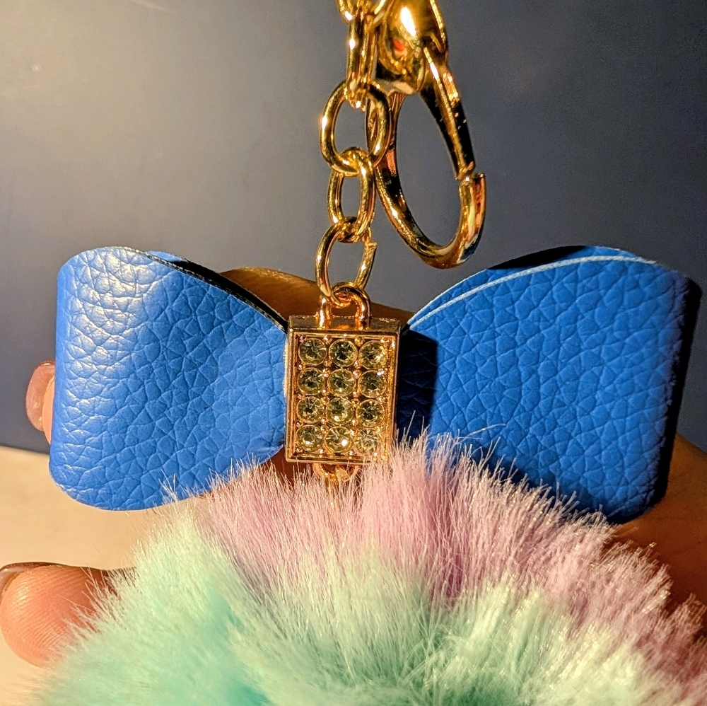 Blue Bow Bag Charm/ Keychain with Fluffy Colored Pom Pom - Picture 4 of 5